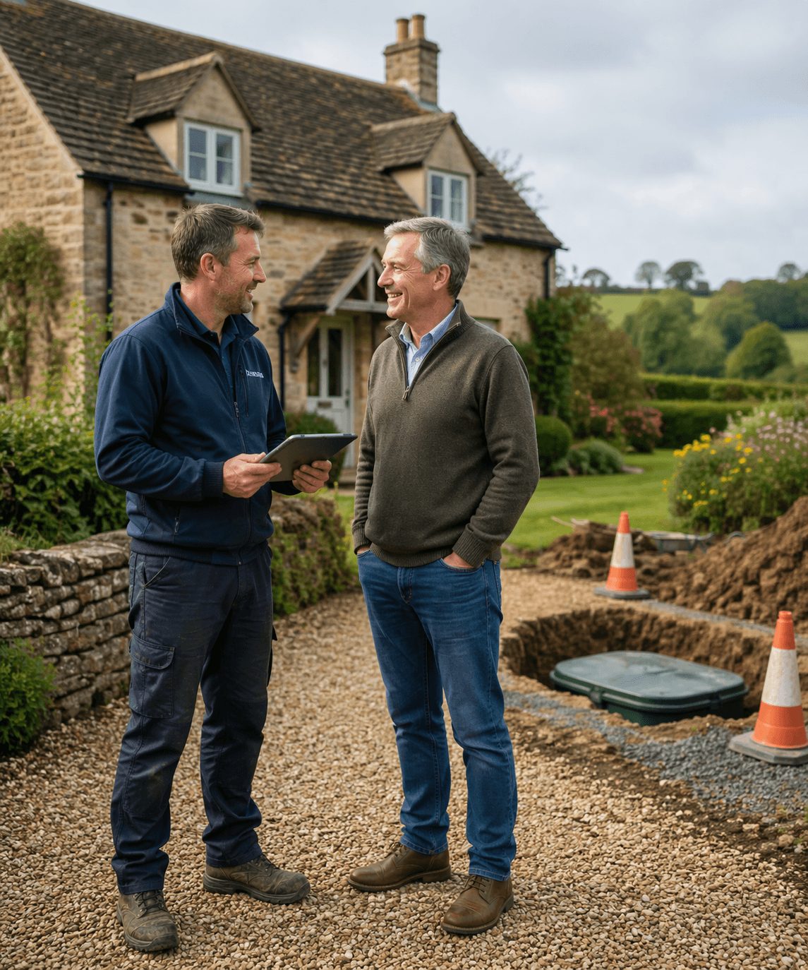 Septic tank engineer inspecting a rural home installation