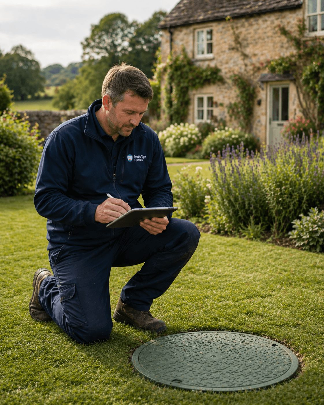 UK surveyor with tablet inspecting septic tank chamber
