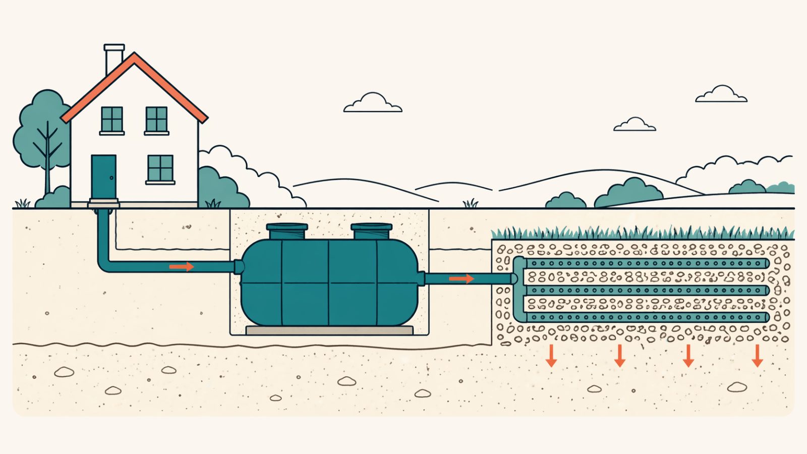 Illustrated diagram of a UK home with septic tank and drainage field