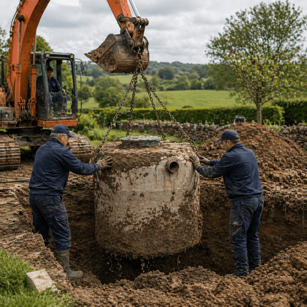 Excavator lifting old septic tank out of ground during replacement