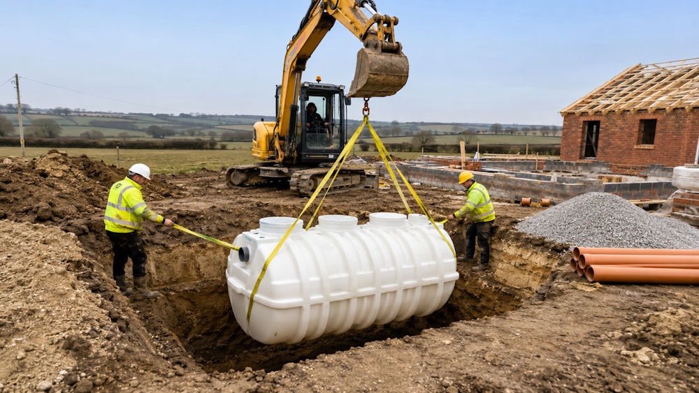 New septic tank being lowered into a prepared excavation on a new build plot