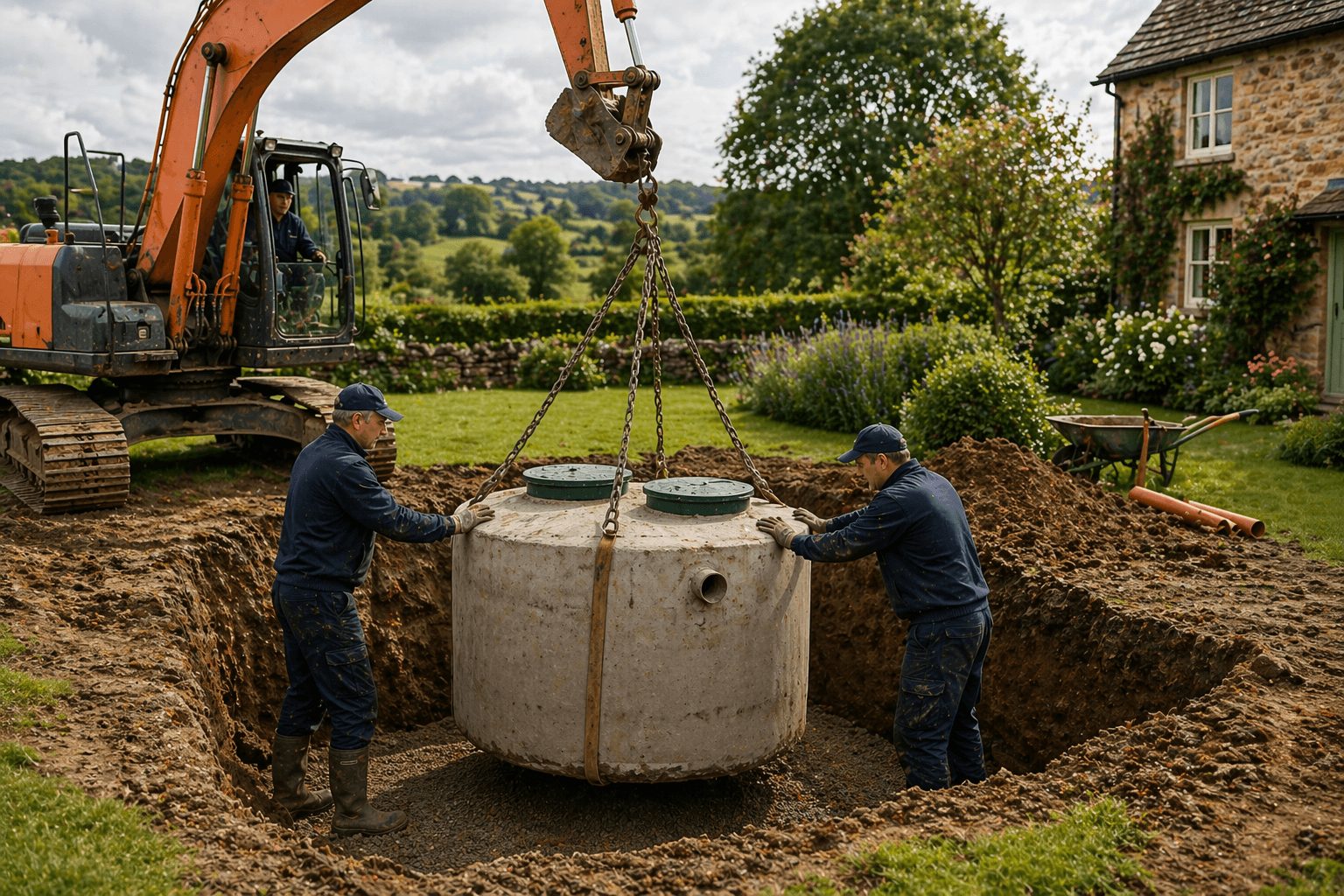 Installation team lowering new concrete septic tank into excavation