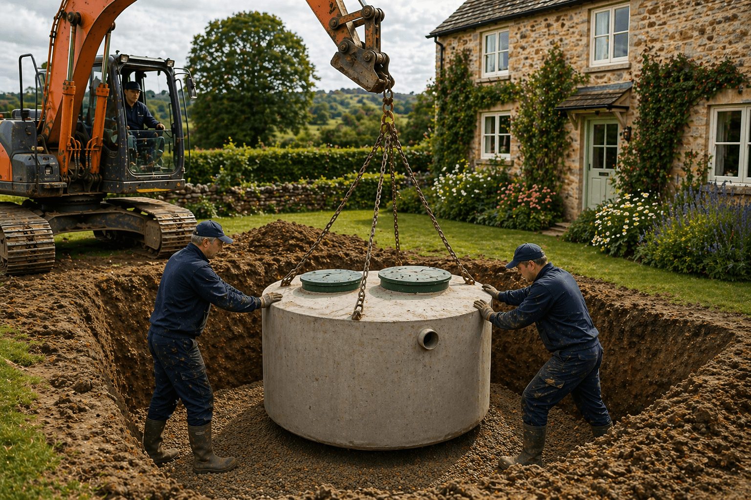 Engineers connecting pipework to installed septic tank in rural garden