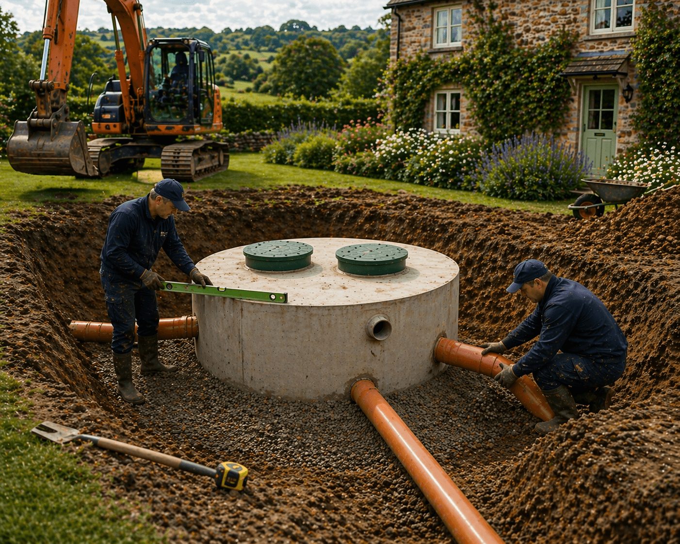 Verified UK engineers installing new septic tank at rural property