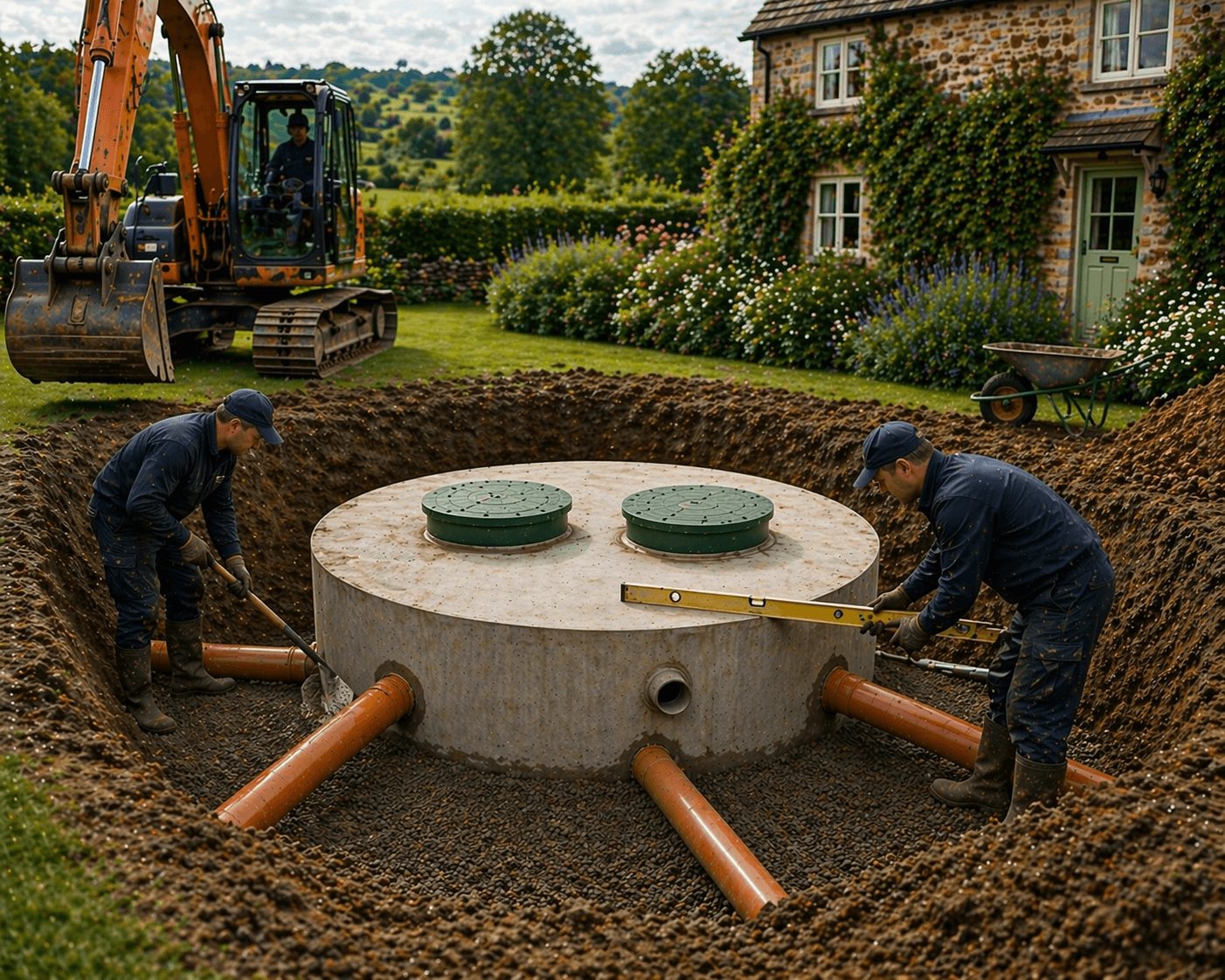 New septic tank installation with fresh pipework and excavator