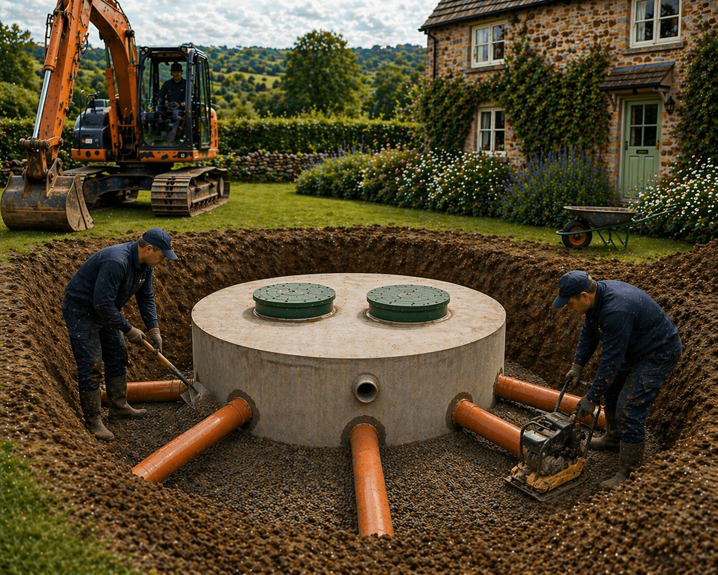 Completed septic tank installation with connected drainage pipework